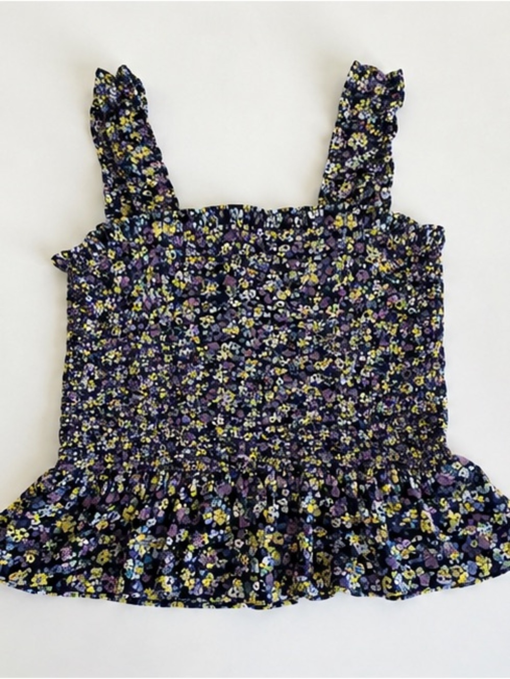LC Lauren Conrad Navy Floral Smocked Ruffle Tank | Large